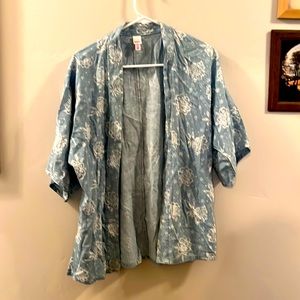 Women’s Pull Over Jacket, 3/4 Sleeves, Floral Pattern, Blue, White, Bongo